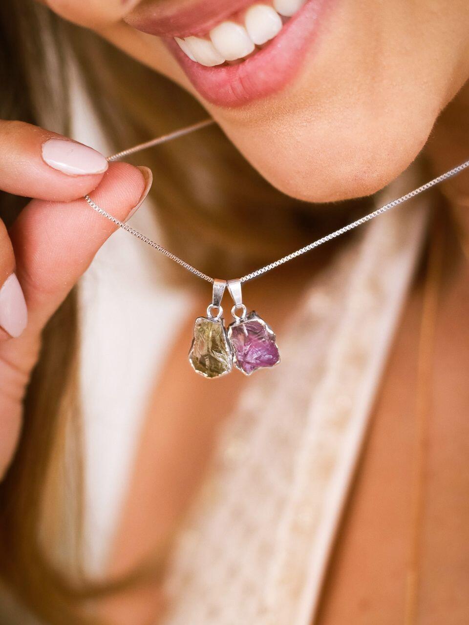 Duo Prasiolite and Amethyst Stones Necklace Silver Plated 925