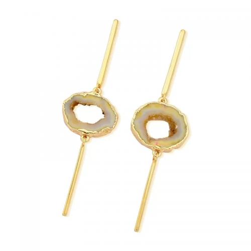 Elongated Agate Stone Connection Earring Gold Plated