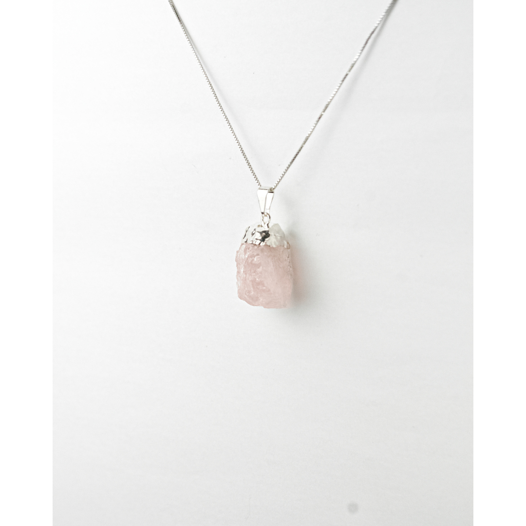 Raw Rose Quartz Pendant Silver Plated