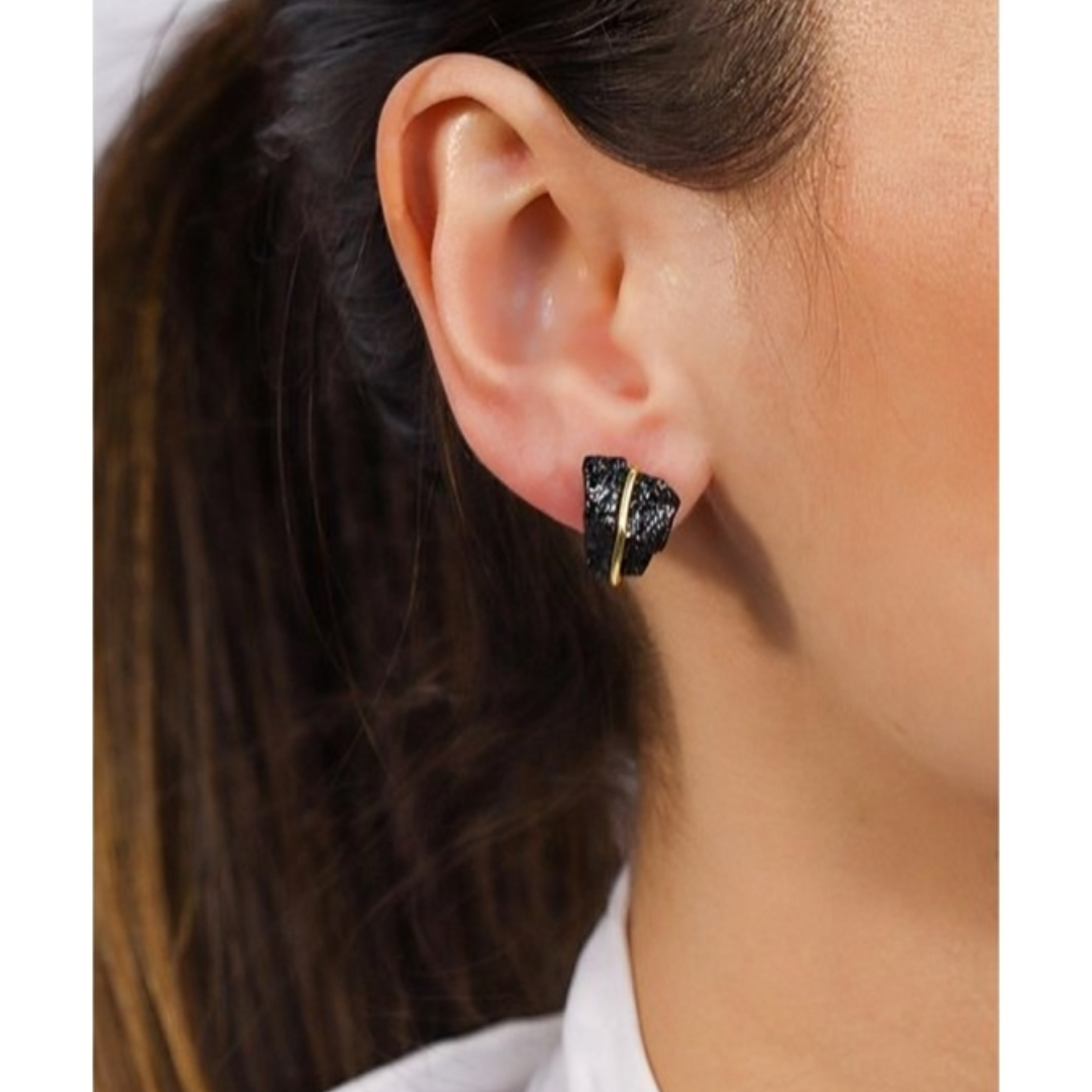 Raw Black Tourmaline Huggie Earring Gold Plated