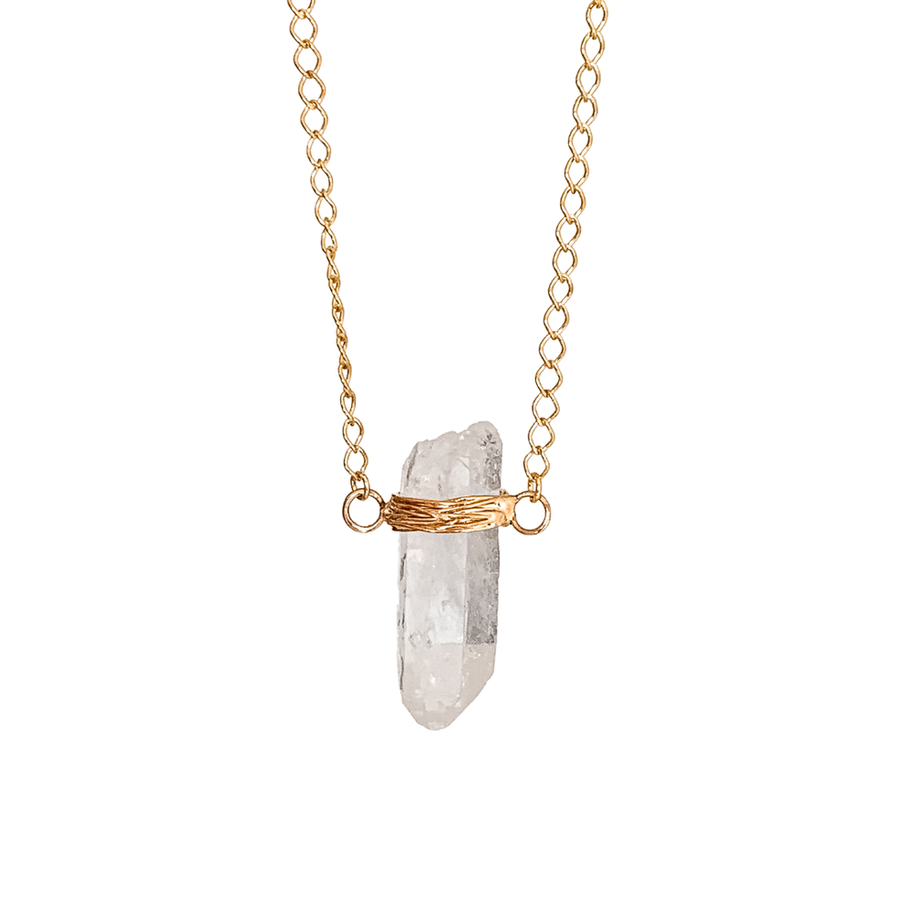 Long Quartz Crystal Point Necklace Gold Plated Peace