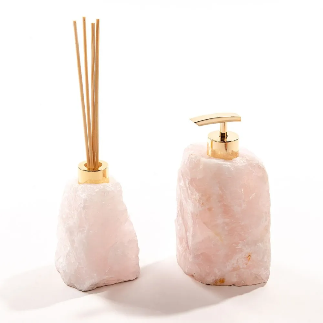 Powder Room Soap Dish + Diffuser Kit in Rose Quartz Gold Plated