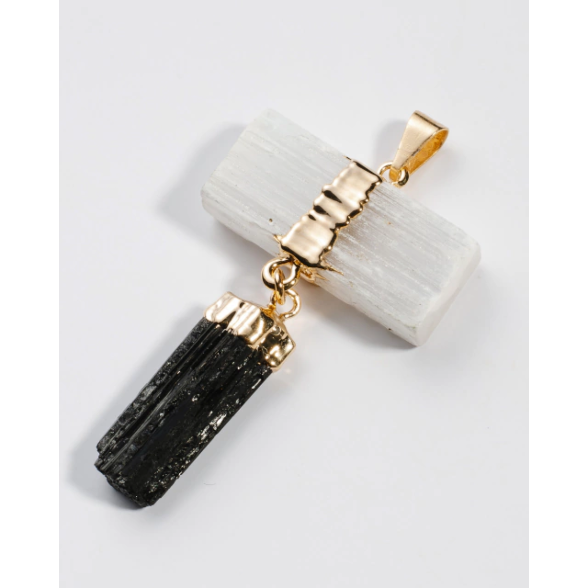 Pendentif Bouclier de Protection Duo Sélénite et Tourmaline Noire Bain Argent Pur