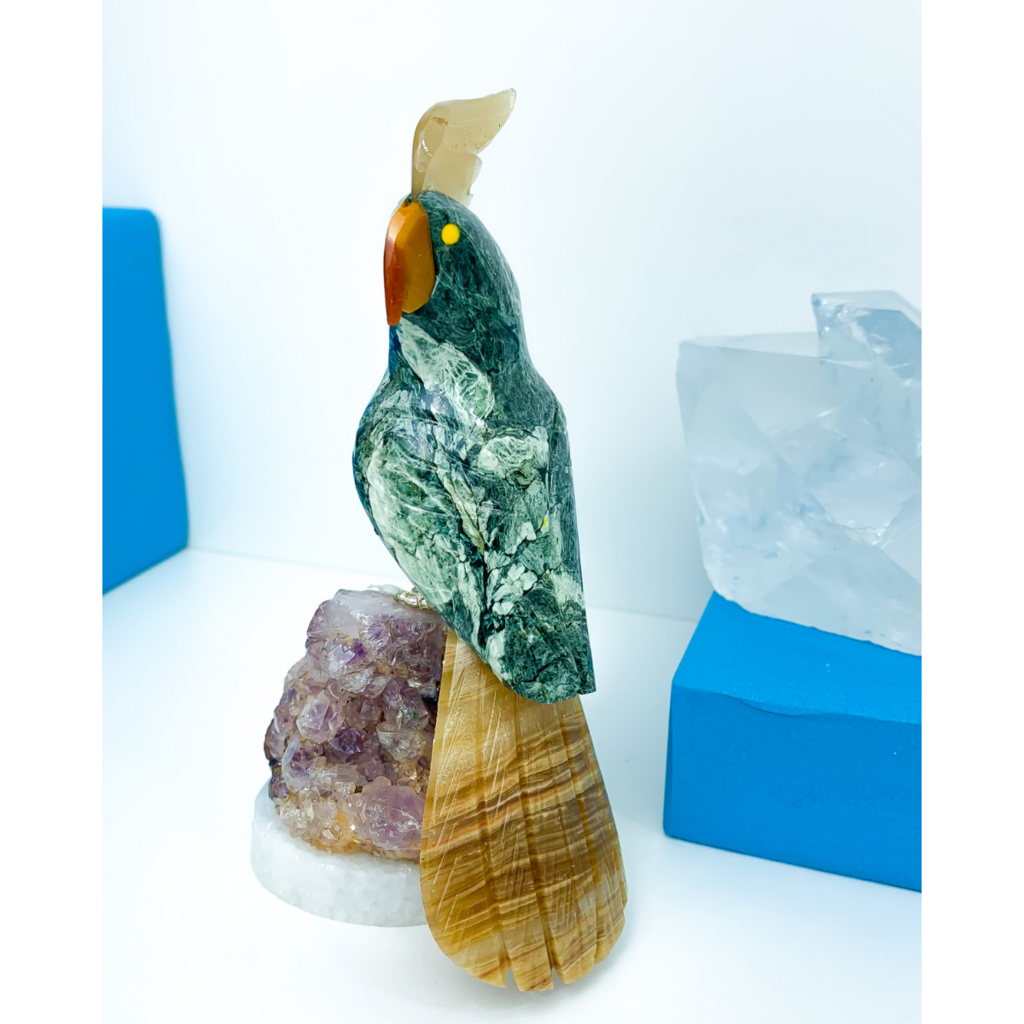 Cockatoo Sculpture in Serpentine with Onyx and Yellow Jasper on Ametrine Druzy Base