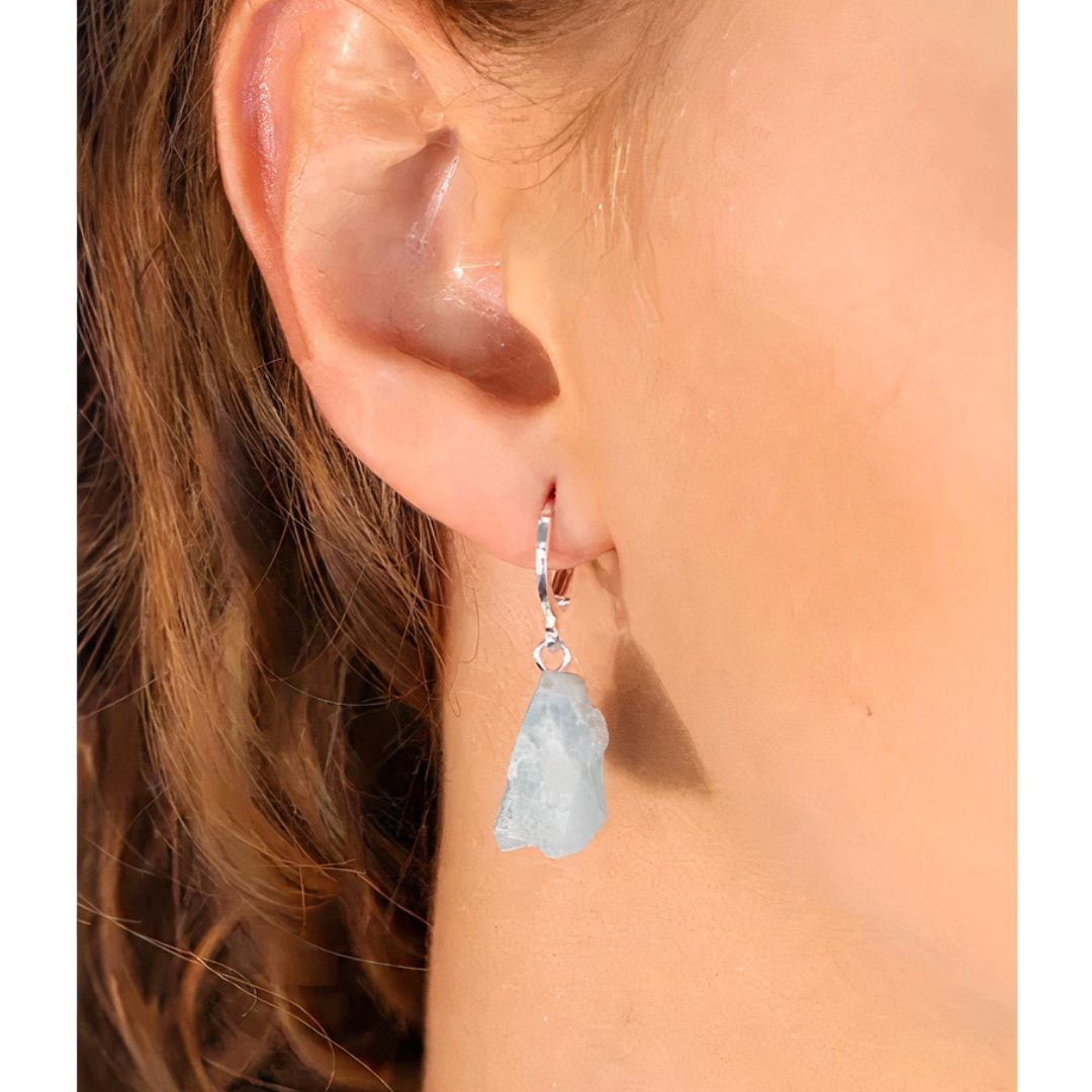 Raw Aquamarine Hoop Earring Silver Plated