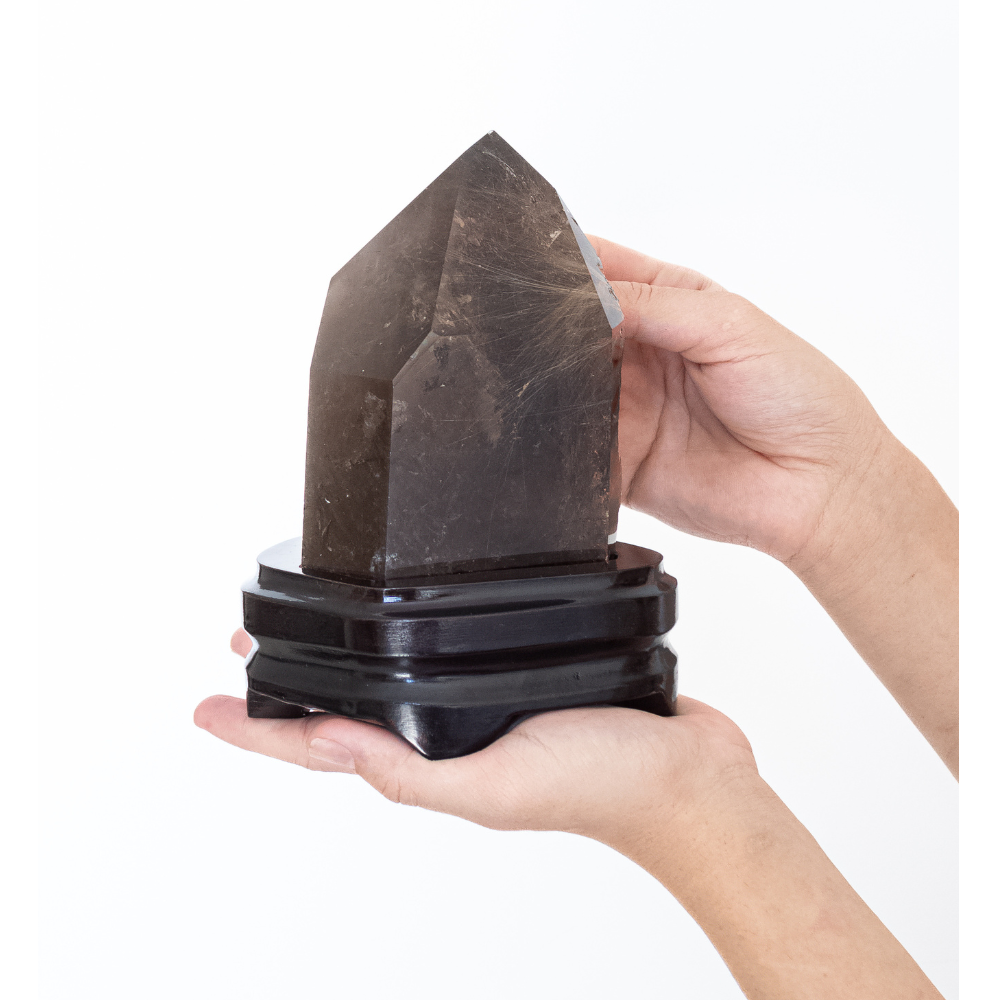Smoky Quartz with Golden Rutile Inclusion Crystallized Extra on Dark Wood Base 1.566kg