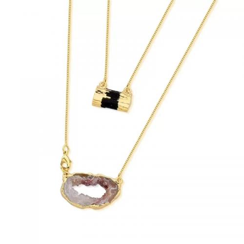 Agate and Black Tourmaline Stone Duo Necklace Gold Plated