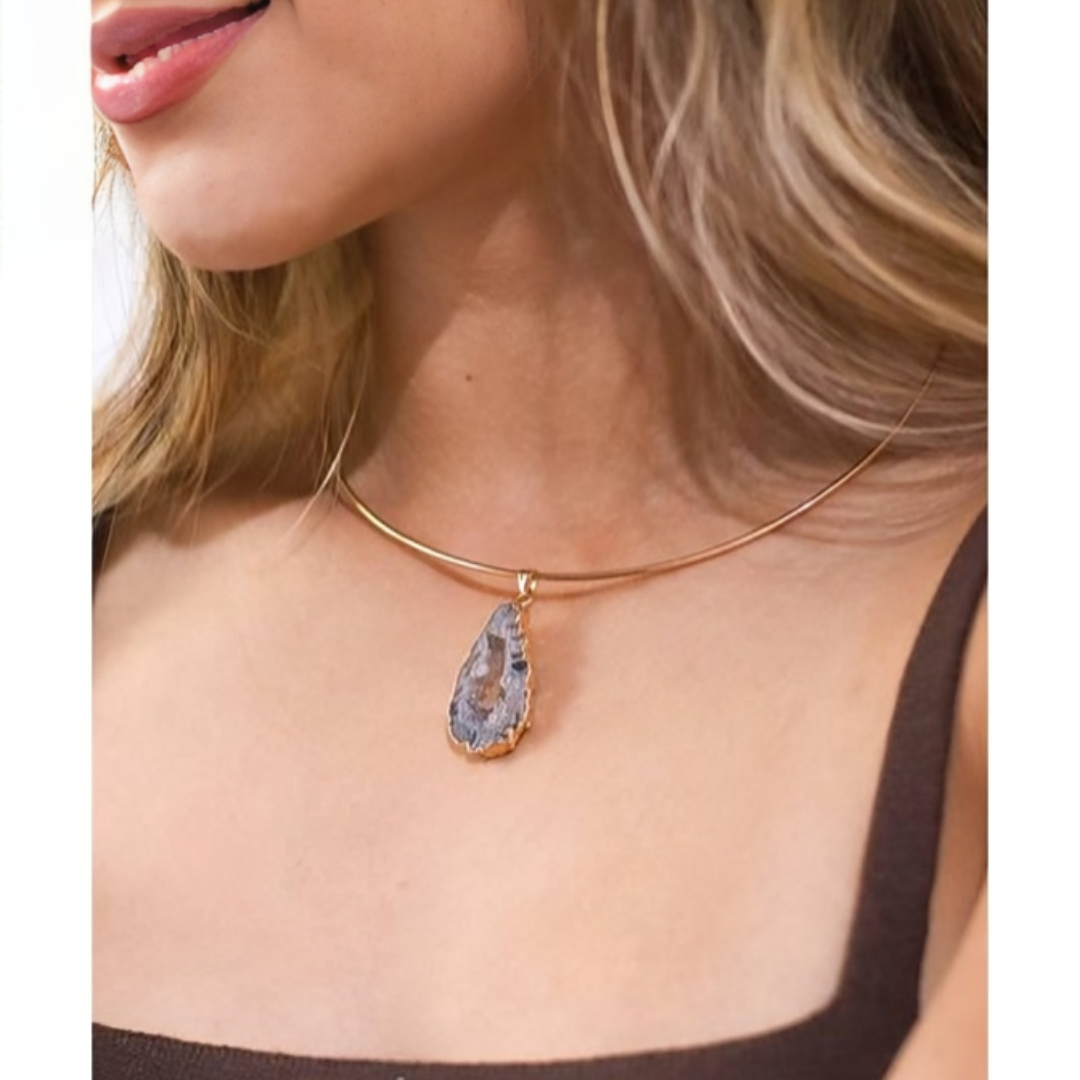 Natural Agate Geode Choker Gold Plated