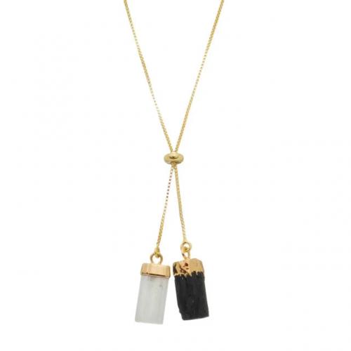 Tourmaline and White Selenite Protection Tie Necklace Gold Plated
