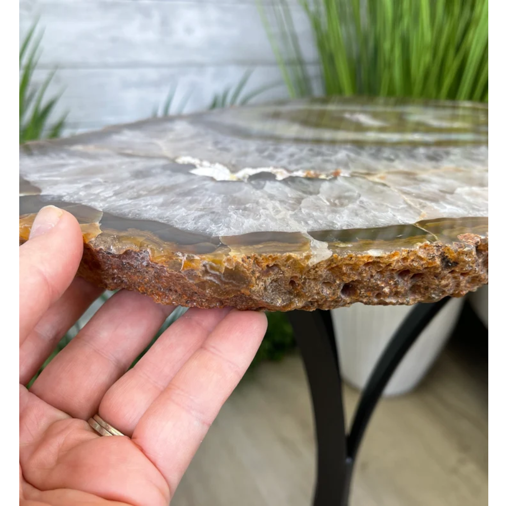 Agate Stone Side Table Matte Black Metal Base