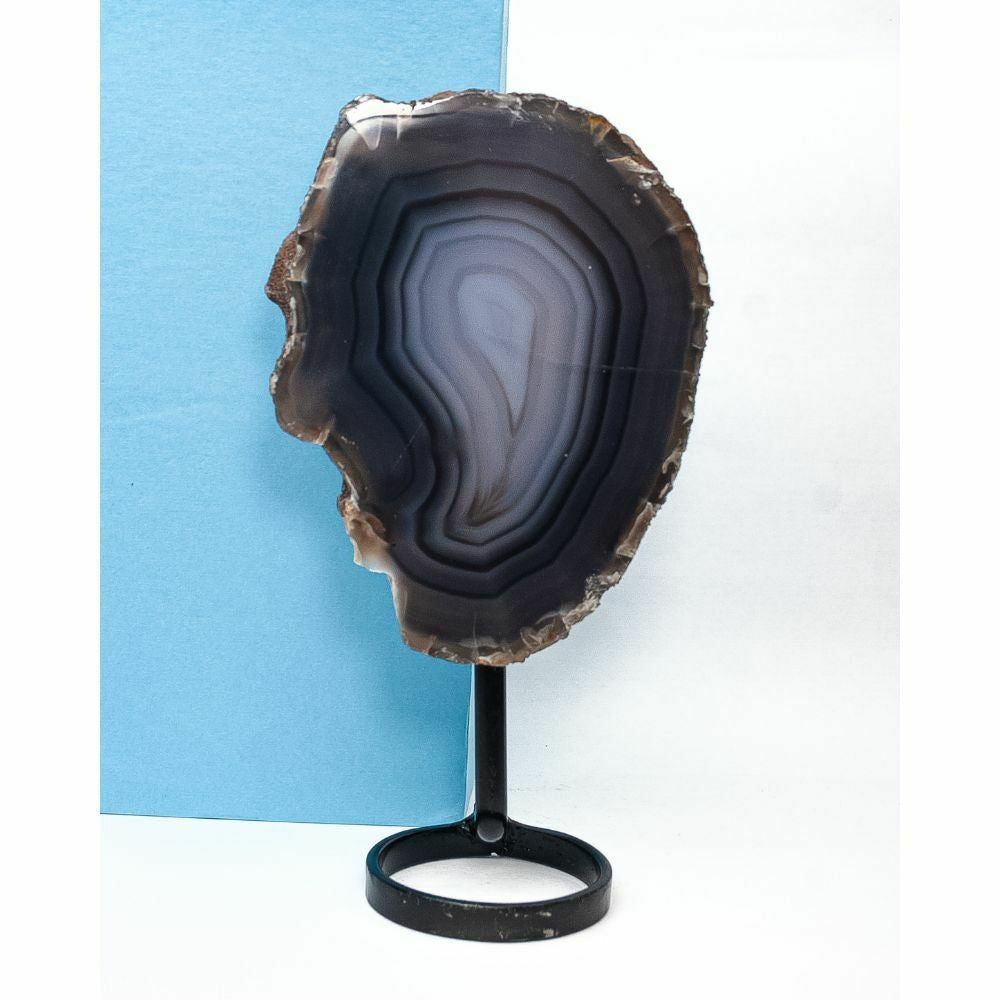 Natural Blue Agate Plate on Black Metal Base 650 grams