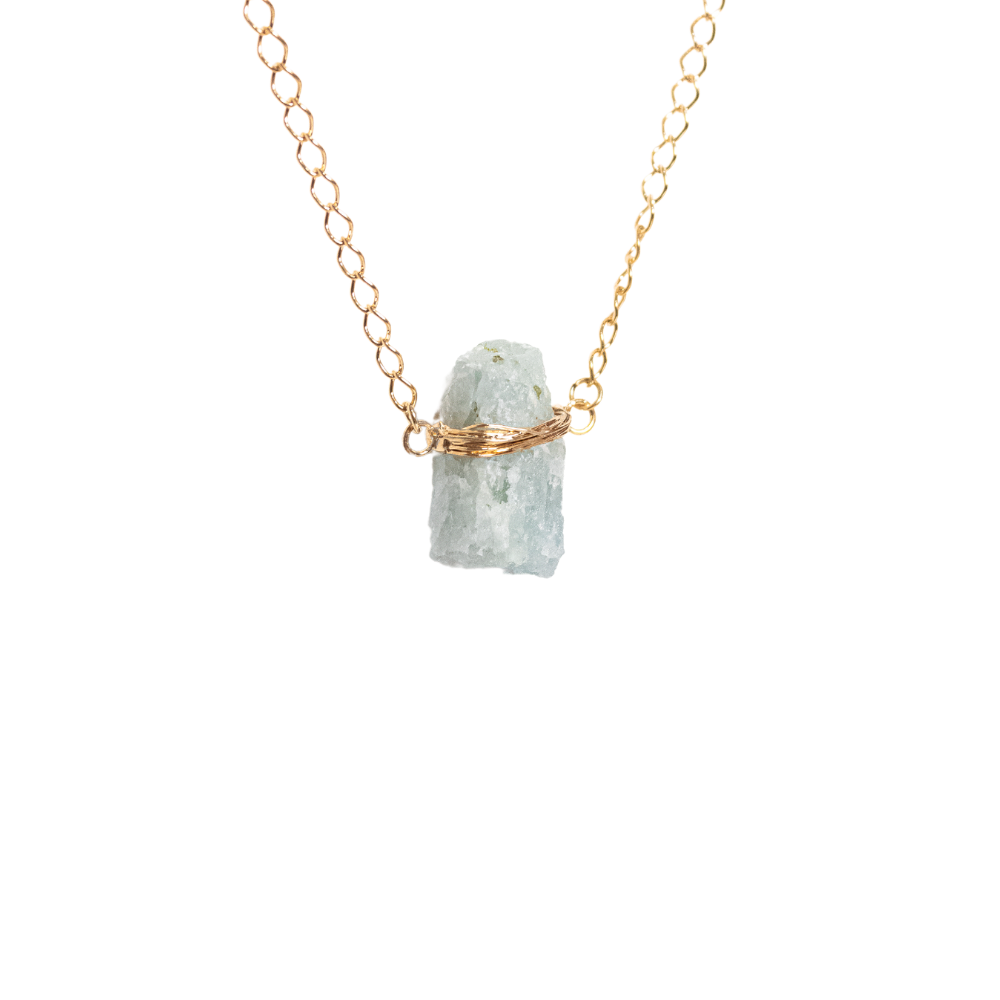 Long Raw Aquamarine Necklace Gold Plated Tranquility