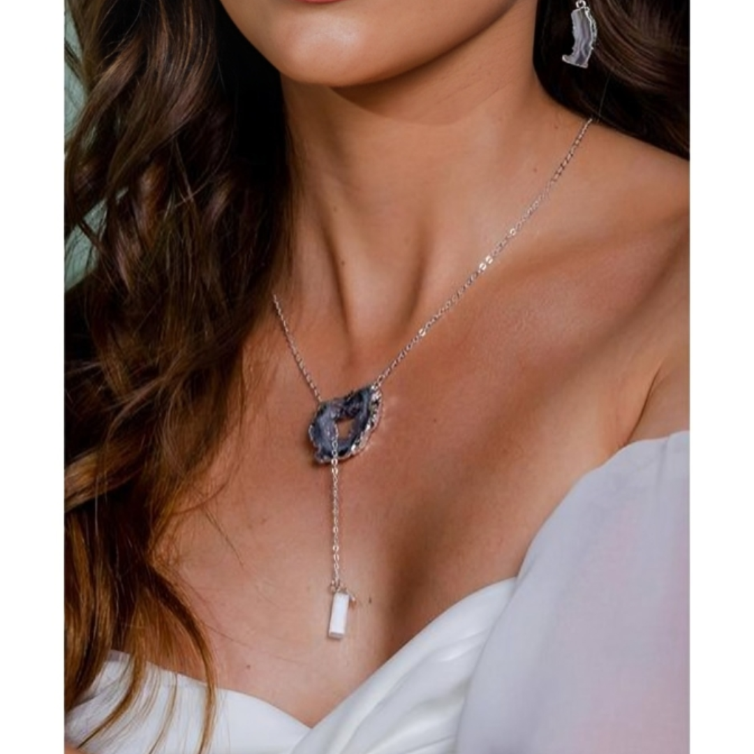 Natural Agate Tie Necklace with Selenite Silver Plated