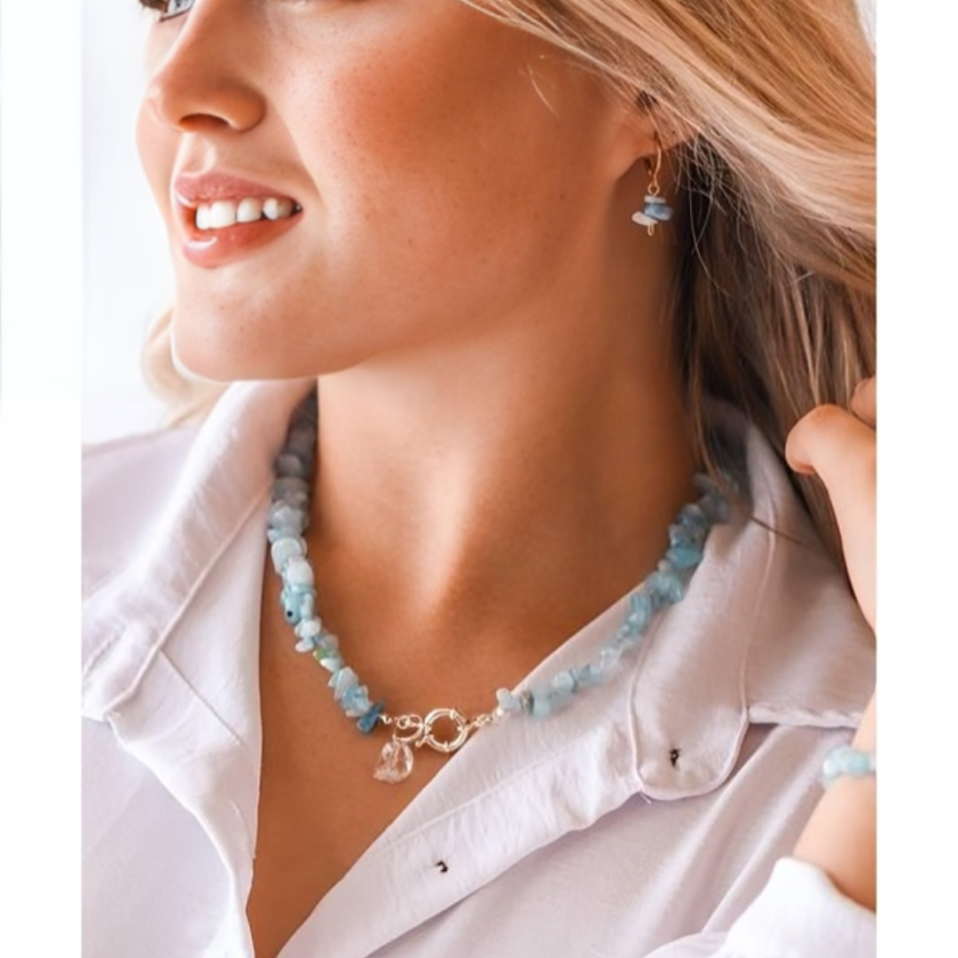 Aquamarine Choker with Crystal Boia Clasp Summer Vibes Silver Plated