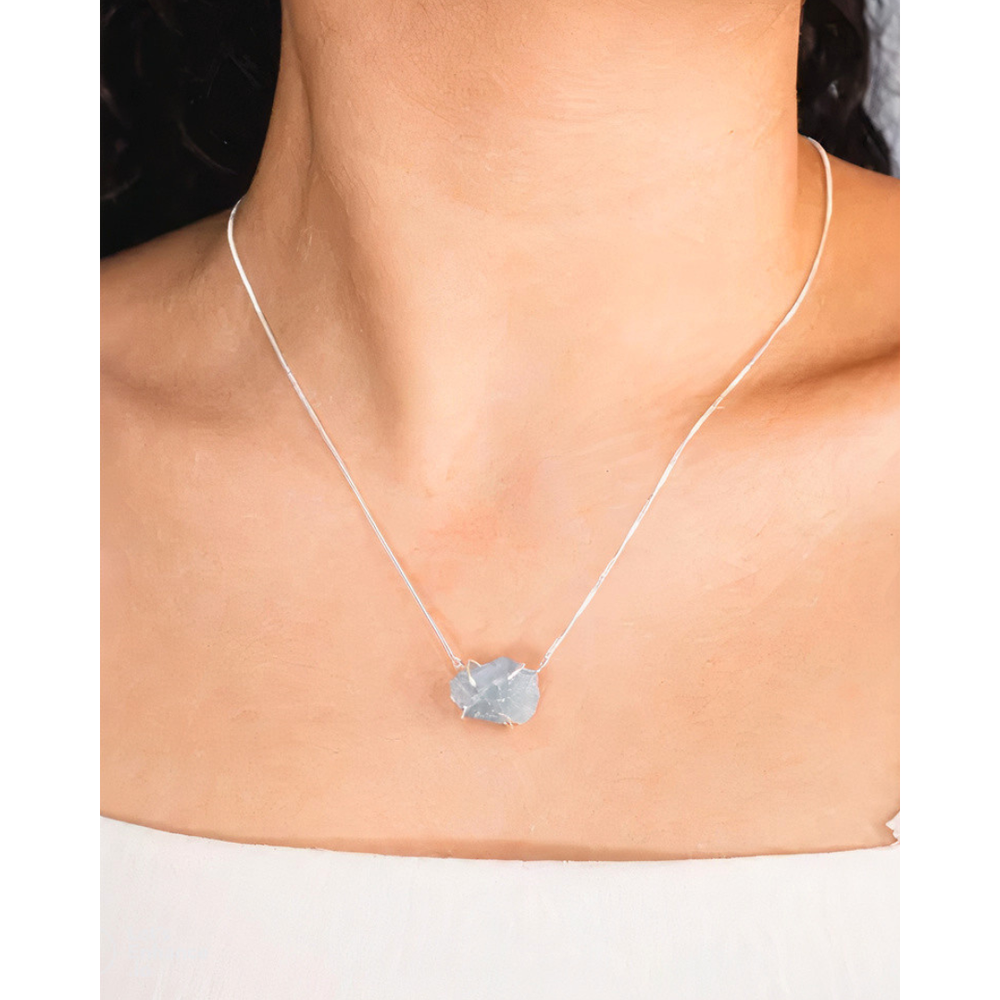 Collier Ras-de-Cou Aigue-Marine Brute avec Griffe Bain Argent