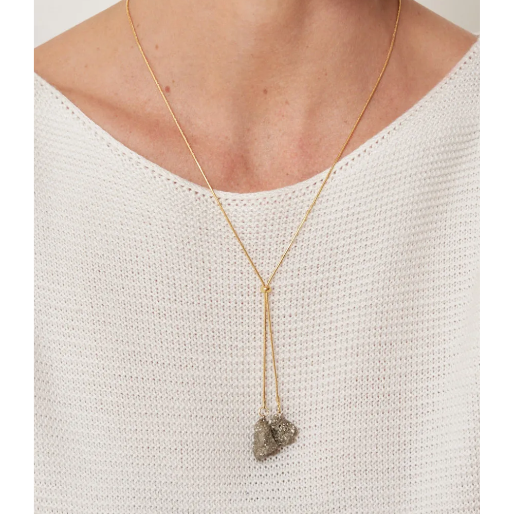 Pyrite Stone Tie Necklace Gold Plated