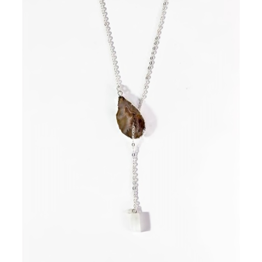Natural Agate Tie Necklace with Selenite Silver Plated