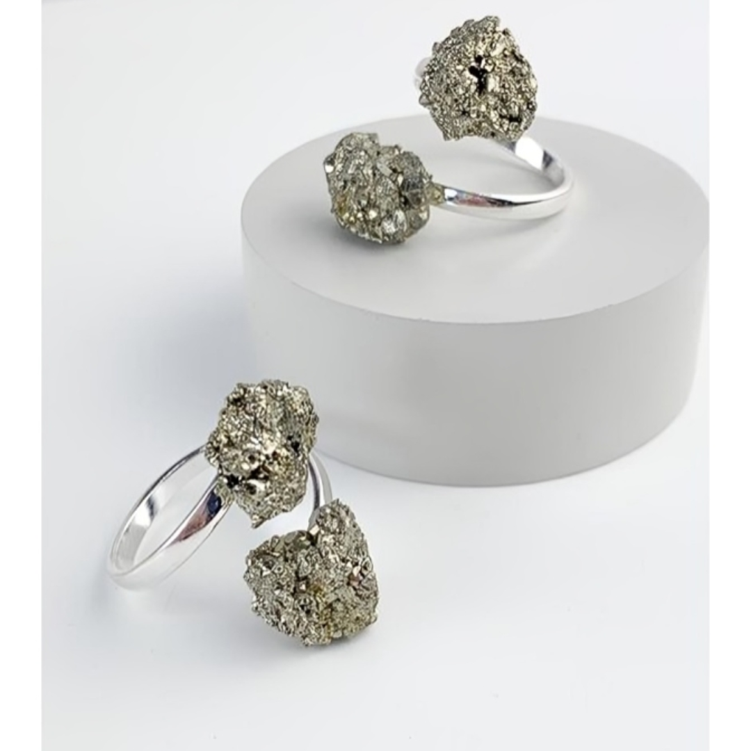 Pyrite Duo Adjustable Ring Silver Plated