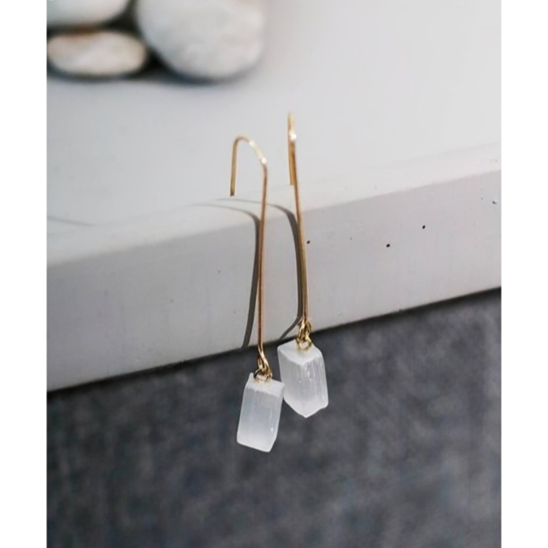 Long White Selenite Earring Gold Plated