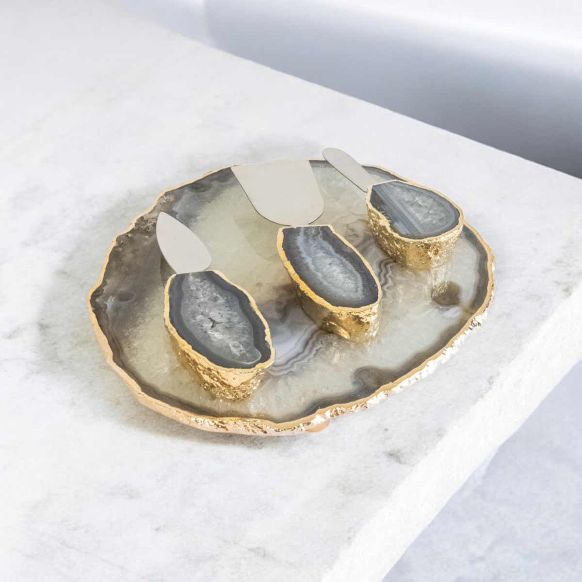 Natural Agate Tray Gold Plated with Foot + Cheese Knife Set