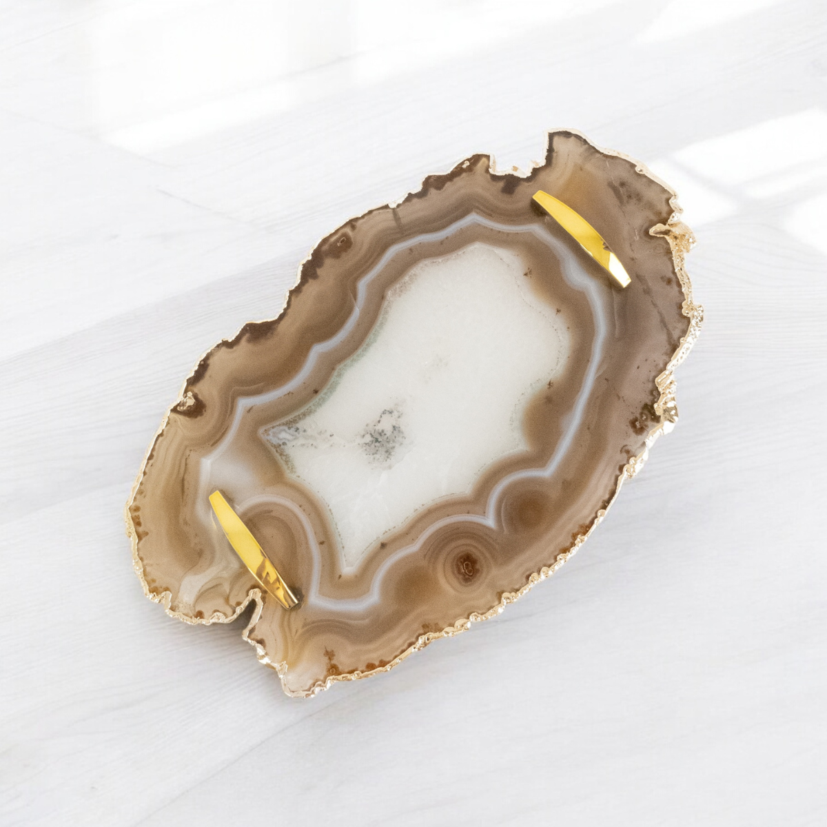 Natural Agate Gold Plated Tray with Foot and Handle