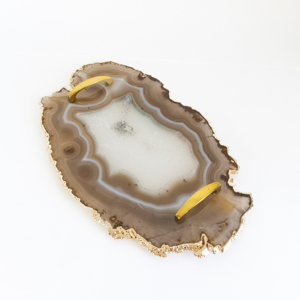 Natural Agate Gold Plated Tray with Foot and Handle
