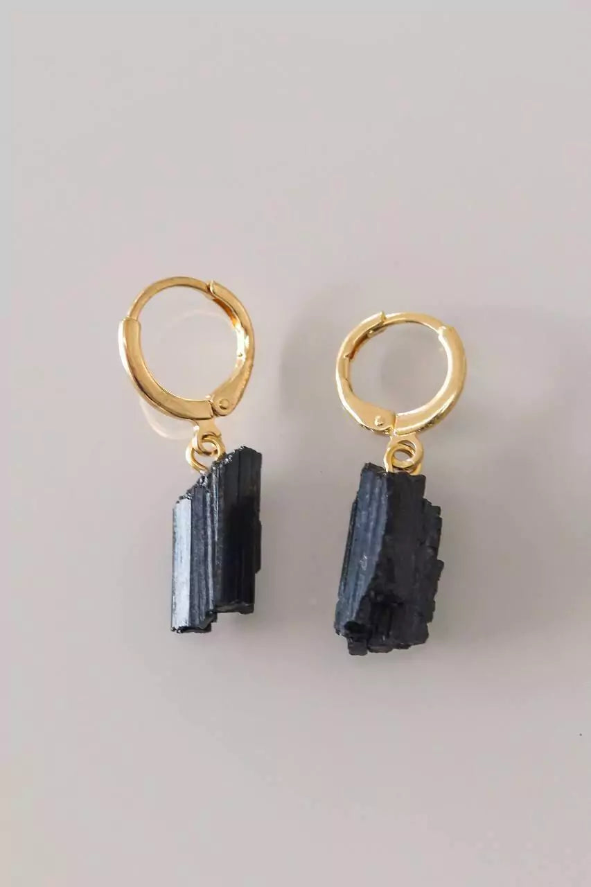 Black Tourmaline Hoop Earring Gold Plated