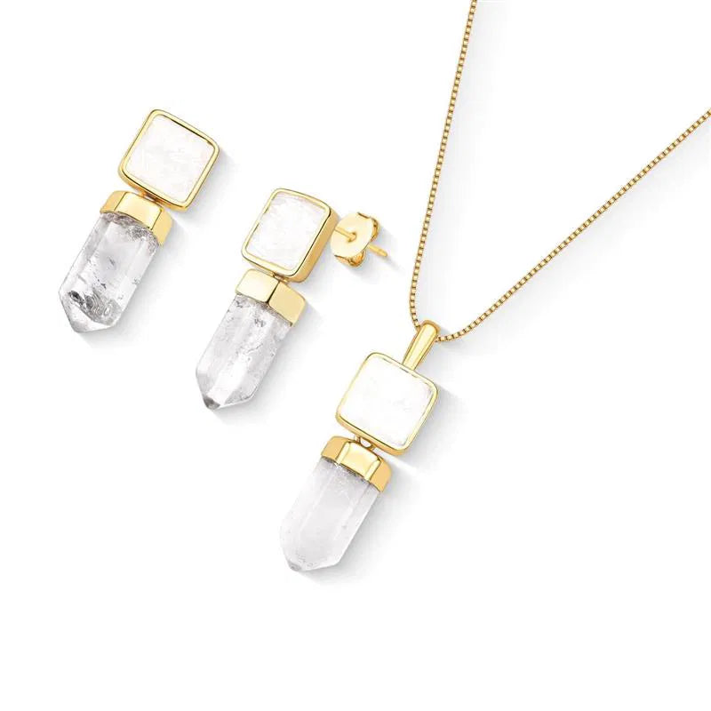 Kit Brinco e Colar Selenita Branca com Ponta de Cristal Banho Ouro