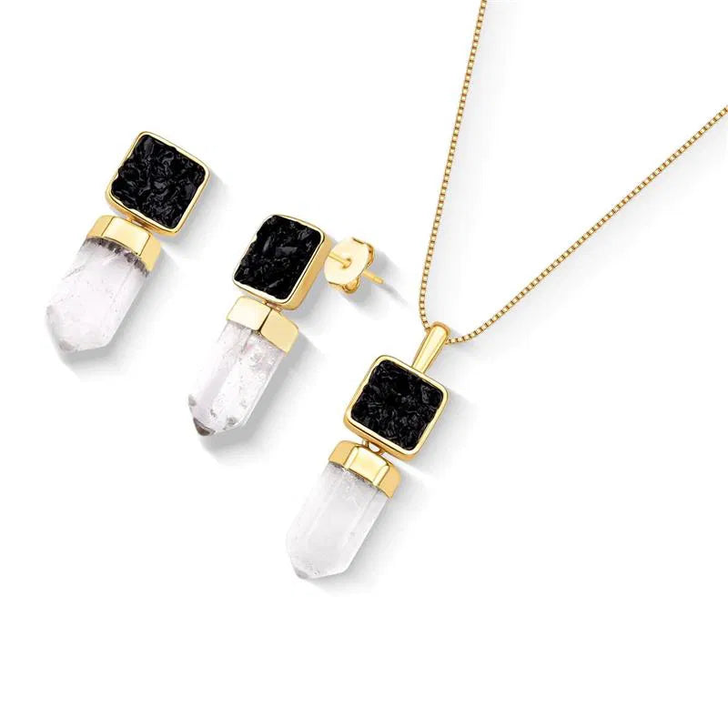 Kit Brinco e Colar Turmalina Negra com Ponta de Cristal Banho Ouro