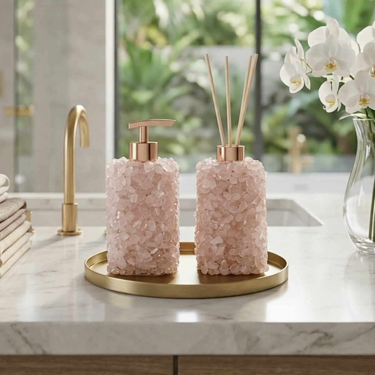 Kit Difusor e Saboneteira em Quartzo Rosa Cor Dourada