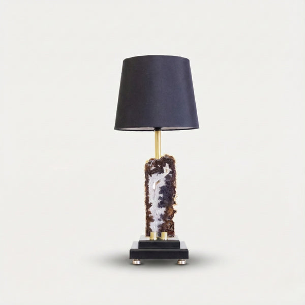 Natural Agate Slab Table Lamp Gold Plated on Black Wood Base