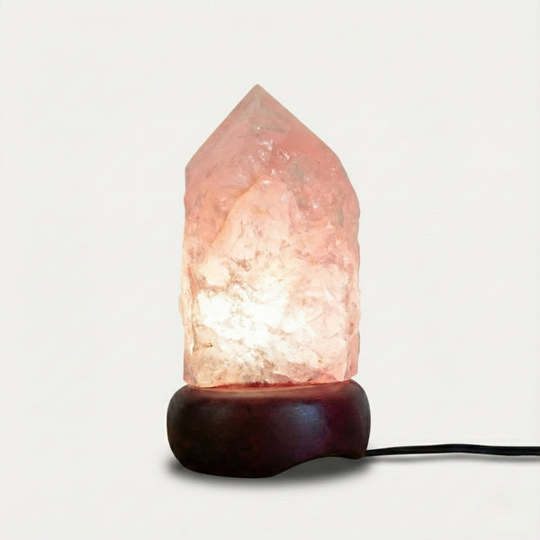 Rose Quartz Point Lamp on Black Wood Base