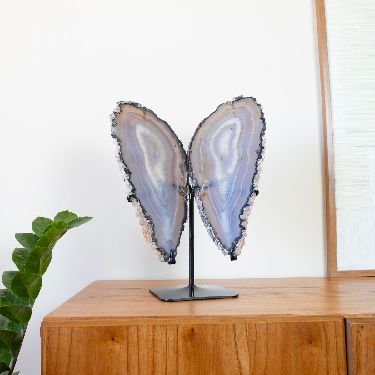 Gray Agate Slab Butterfly Natural Polished on Metal Base 2.450 kg