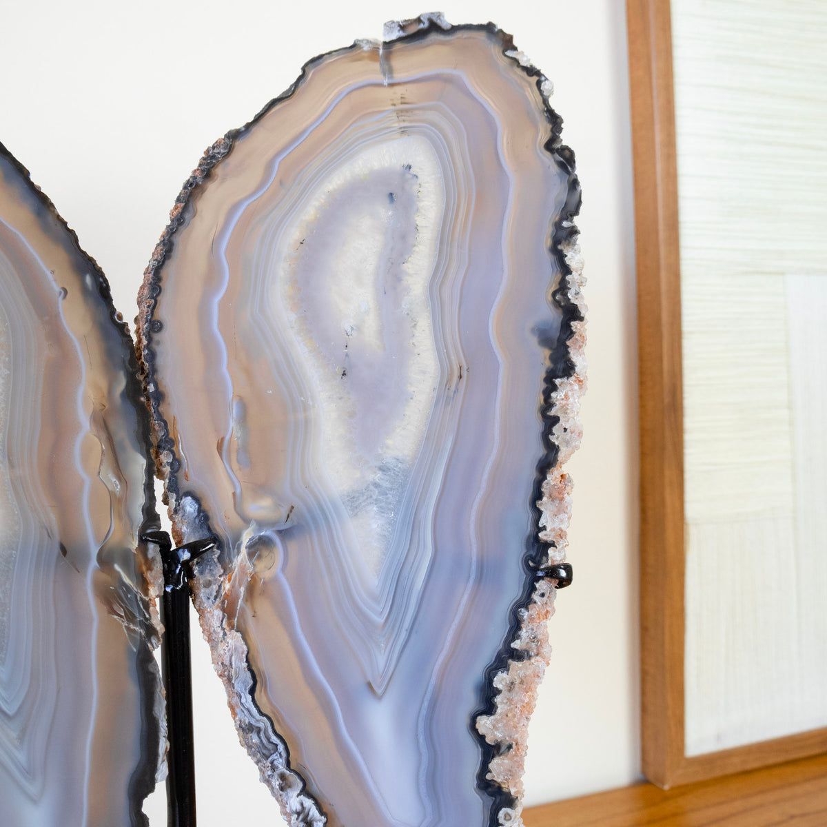 Gray Agate Slab Butterfly Natural Polished on Metal Base 2.450 kg