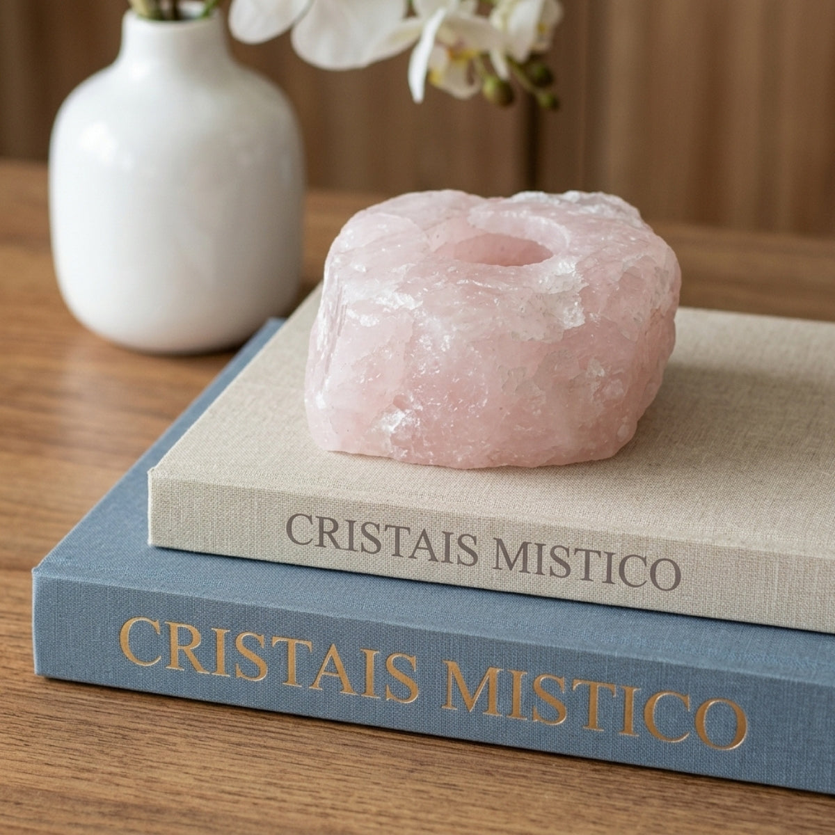 Porta Velas Quartzo Rosa Bruto