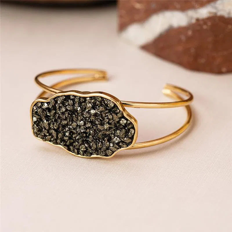 Pulseira Pedra Pirita Banho Ouro Ajustável