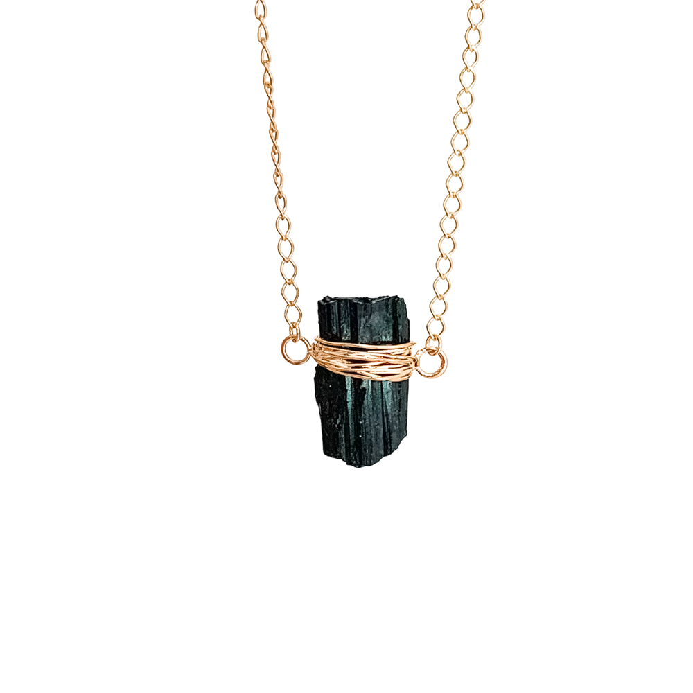 Long Black Tourmaline Energetic Protection Necklace Gold Plated