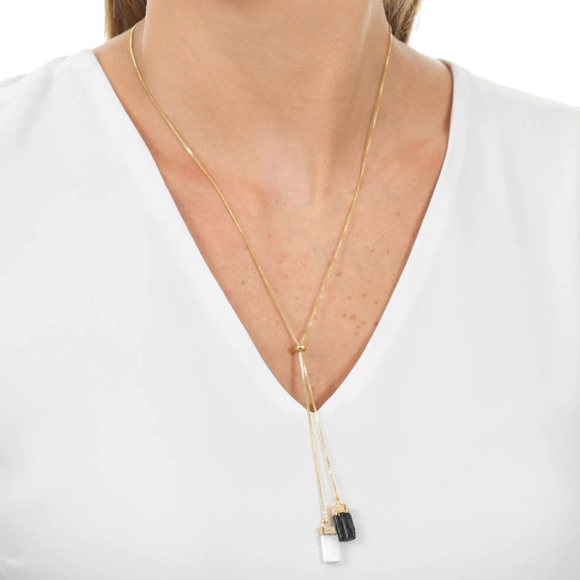 Tourmaline and White Selenite Protection Tie Necklace Gold Plated