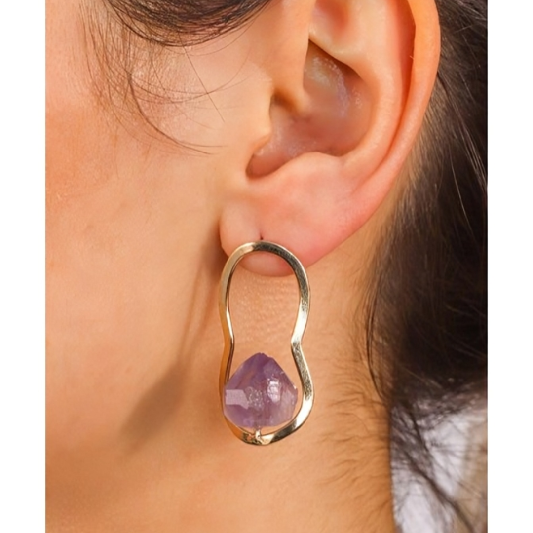 Natural Amethyst Stone Ellos Earring Gold Plated