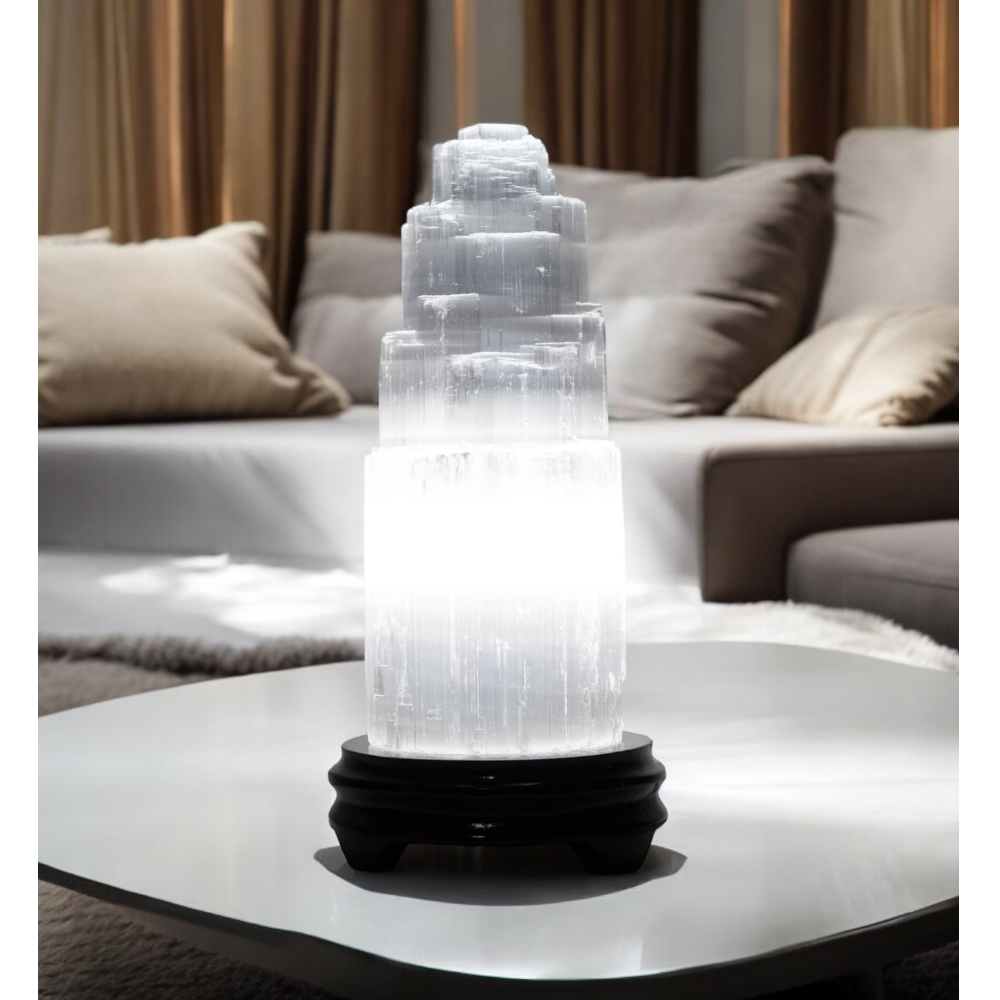 White Selenite Lamp on Dark Wood Base