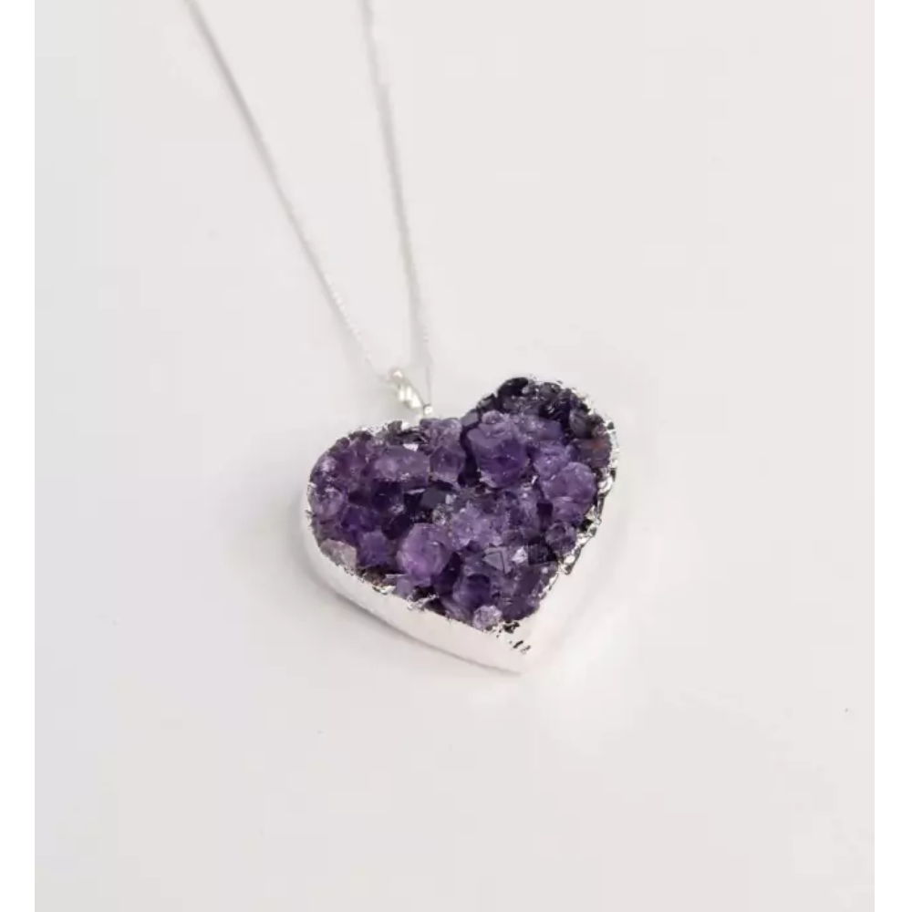Amethyst Druzy Heart Necklace Silver Plated