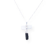 Pendentif Bouclier de Protection Duo Sélénite et Tourmaline Noire Bain Argent Pur