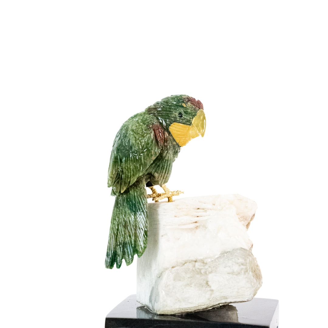 Serpentine Macaw on Mica and Albite Base